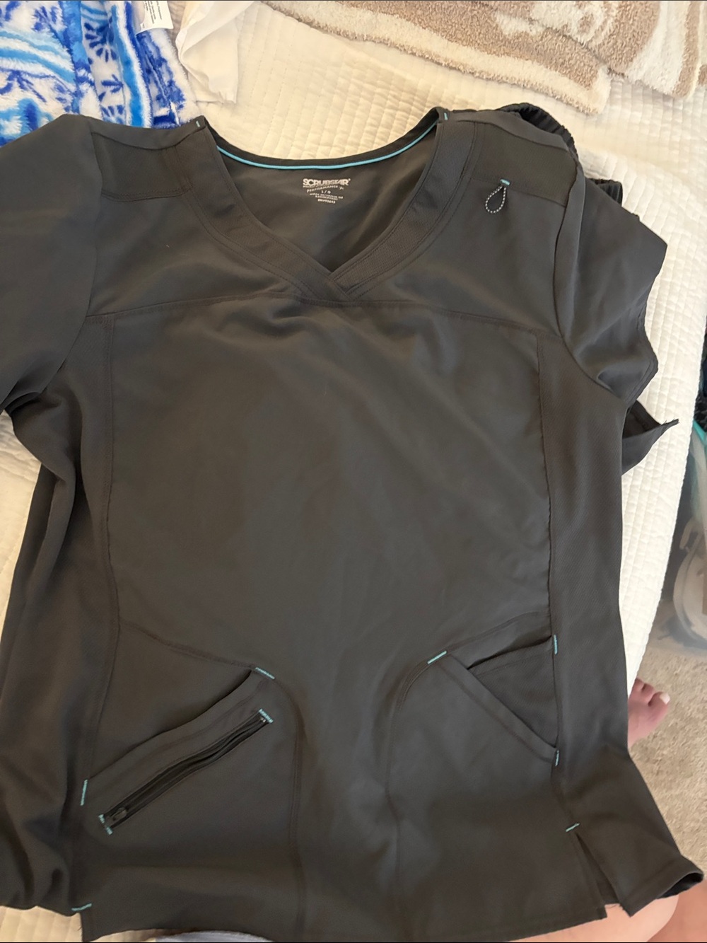Women's V-Neck Scrub Top and pants in Charcoal with Teal Trim. SET